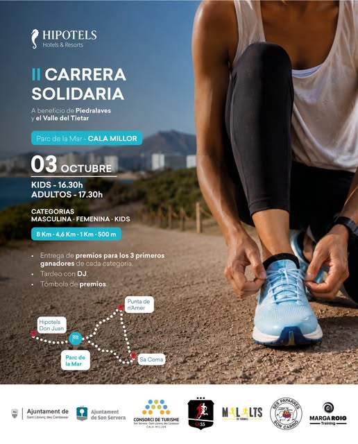 Manifesto ufficiale della II Carrera Solidaria di Hipotels al Parc de la Mar di Cala Millor, con orari, distanze e percorso