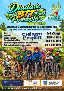 Locandina ufficiale della Diada de BTT Promoció con bambini in mountain bike e la mascotte Ermassets