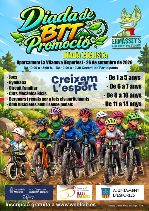 Locandina ufficiale della Diada de BTT Promoció con bambini in mountain bike e la mascotte Ermassets
