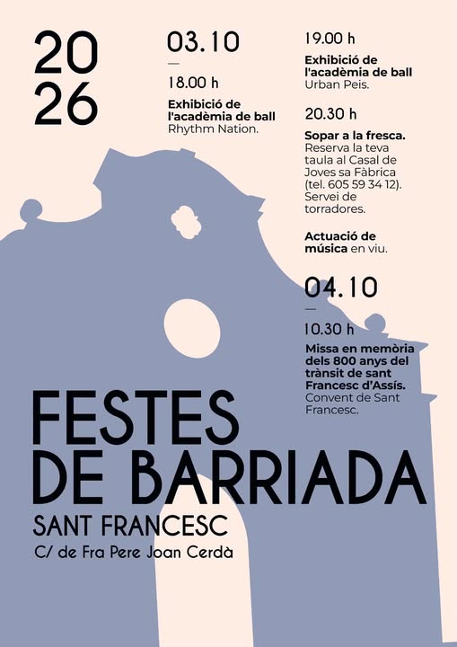 Manifesto ufficiale delle feste del quartiere Sant Francesc di Inca 2026 con il programma del 3 e 4 ottobre