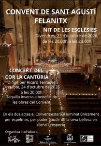 Locandina della Nit de les Esglésies e del concerto del Cor La Cantúria al Convent de Sant Agustí, Felanitx