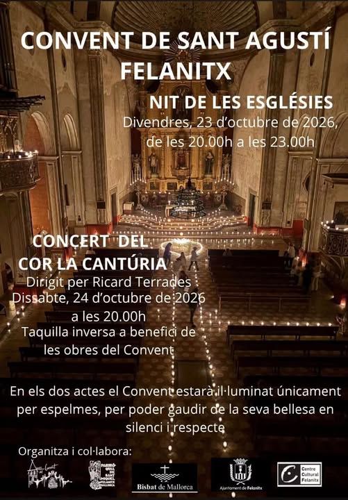 Locandina della Nit de les Esglésies e del concerto del Cor La Cantúria al Convent de Sant Agustí, Felanitx