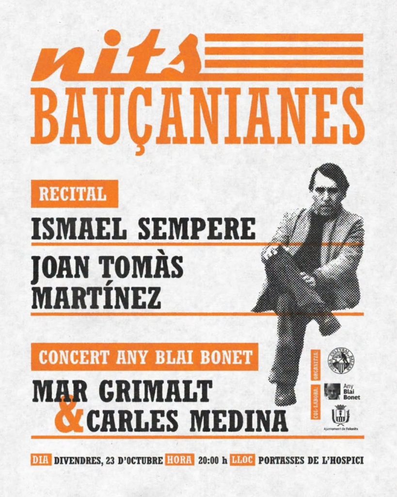 Locandina di Nits Bauçanianes, venerdì 23 ottobre alle 20:00 alle Portasses de l'Hospici, Felanitx