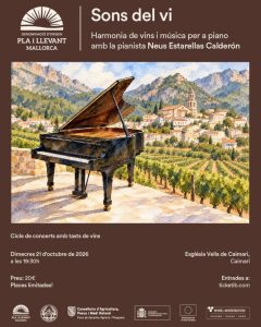Locandina di Sons del vi, concerto per pianoforte con degustazione di vini nella Església Vella di Caimari