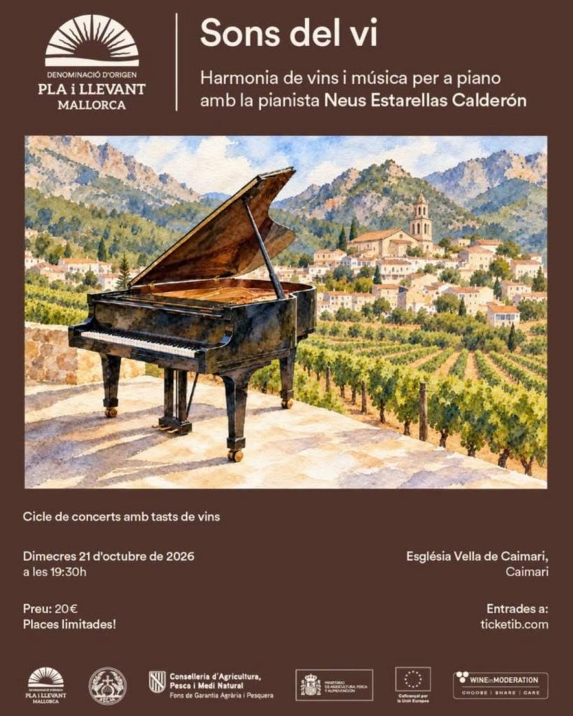 Locandina di Sons del vi, concerto per pianoforte con degustazione di vini nella Església Vella di Caimari